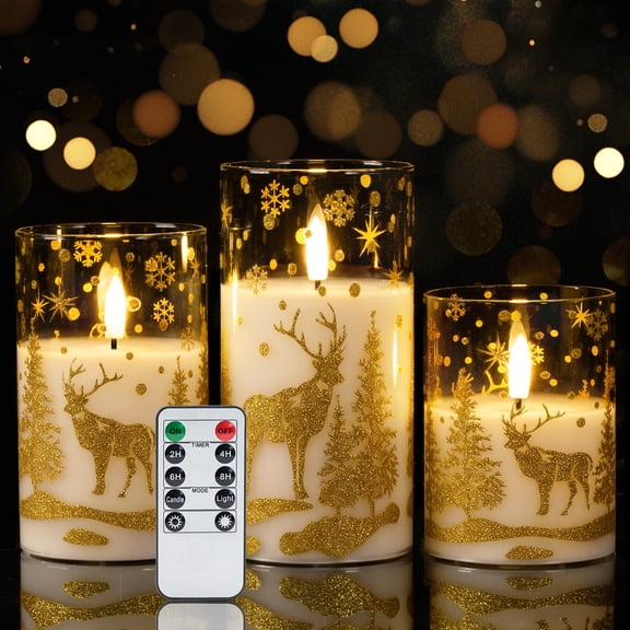 Homemory Flameless Candles, Battery Operated LED Glass Pillar, with Remote Timer, Realistic Flickering Flame, Set of 3