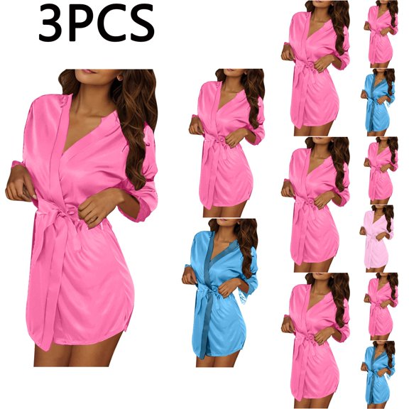 Feancey 3PC Satin Bath Robes for Women Short Nightgowns Soft Silky Long Sleeve Wedding Party Robe Knee Length Casual Bathrobe with Belt Pink Free Size