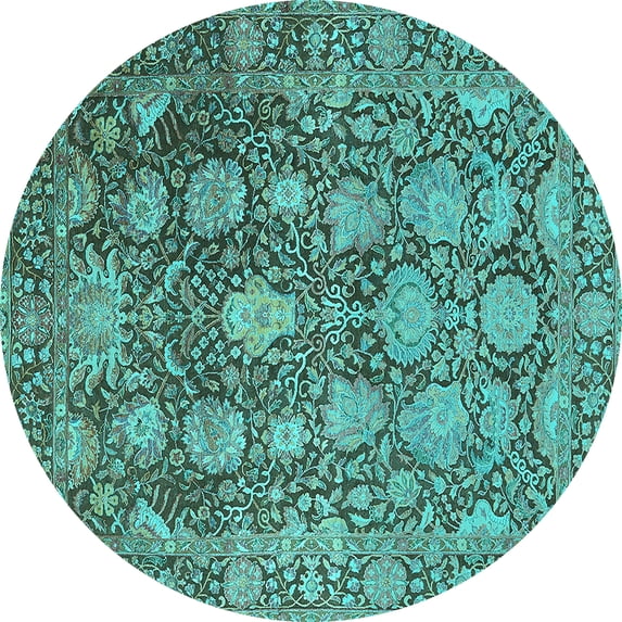 Ahgly Company Machine Washable Indoor Round Oriental Turquoise Blue Industrial Area Rugs, 5' Round