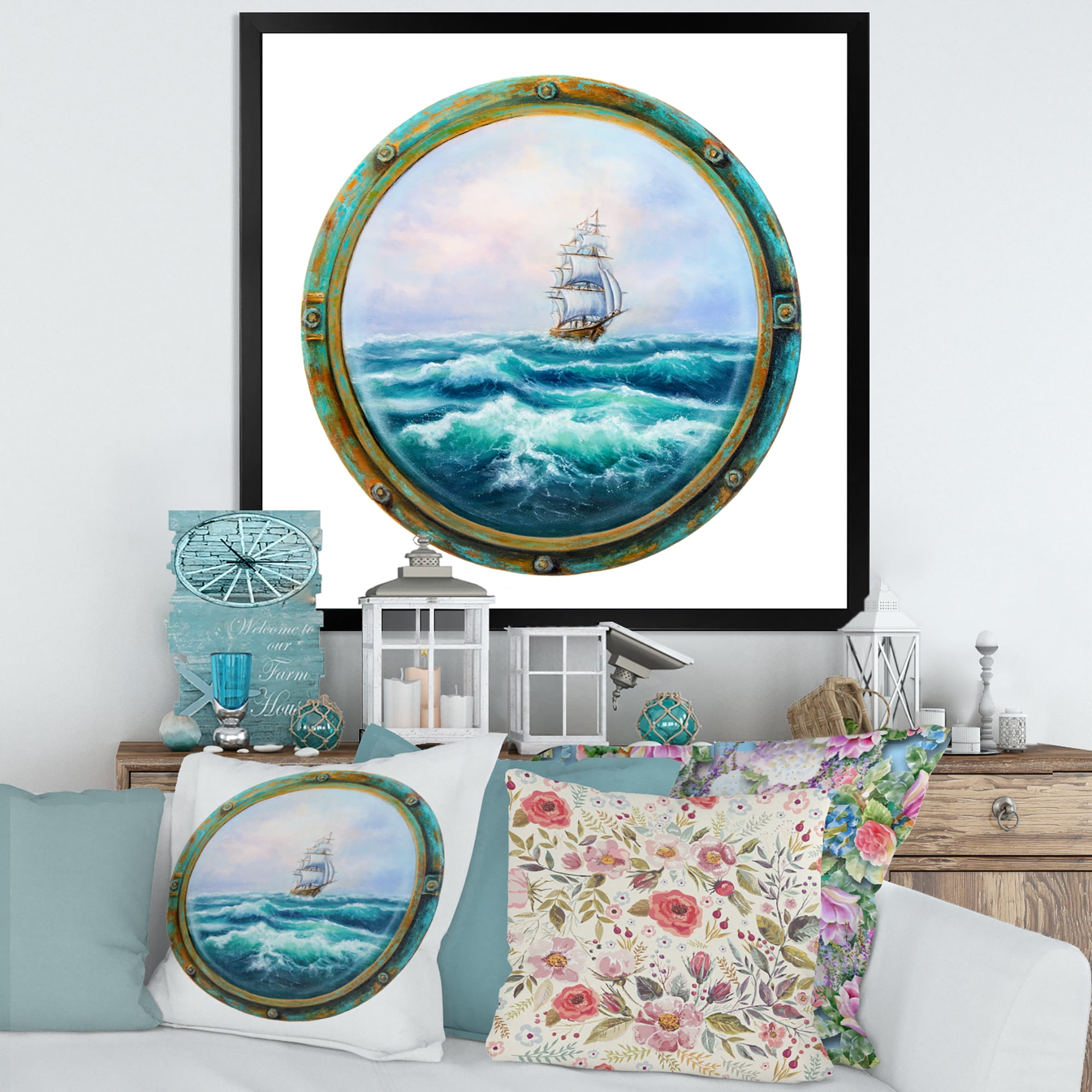 Designart 'Ship In Stormy Ocean Through Cabin Window' Nautical & Coastal Framed Art Print