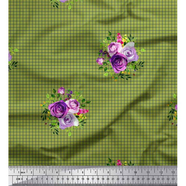 Soimoi Green Silk Fabric Leaves,Artistic Floral & Check Print Sewing Fabric BTY 42 Inch Wide