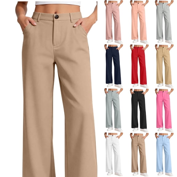 XRoczxe Women High Waist Wide Leg Dress Pants Button Zipper Closure Casual Trousers With Side Pockets Multi Solid Color All Figure Fit Office Daily Wear