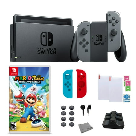 Factory Plug In Bundle - Nintendo Switch in Gray with Mario+Rabbids Kingdom Battle Game and Accessories Bundle