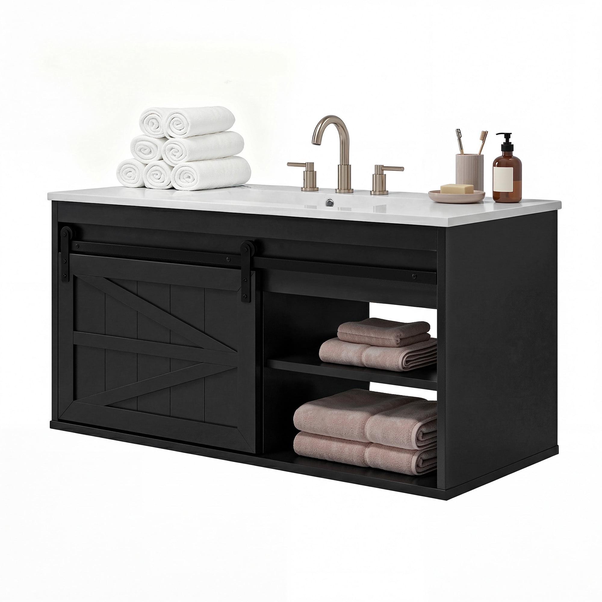 Uforic 36 Inch Farmhouse Floating Bathroom Vanity with Ceramic Sink, 7-Color LED Ambient Light for Bathroom Decor, Black
