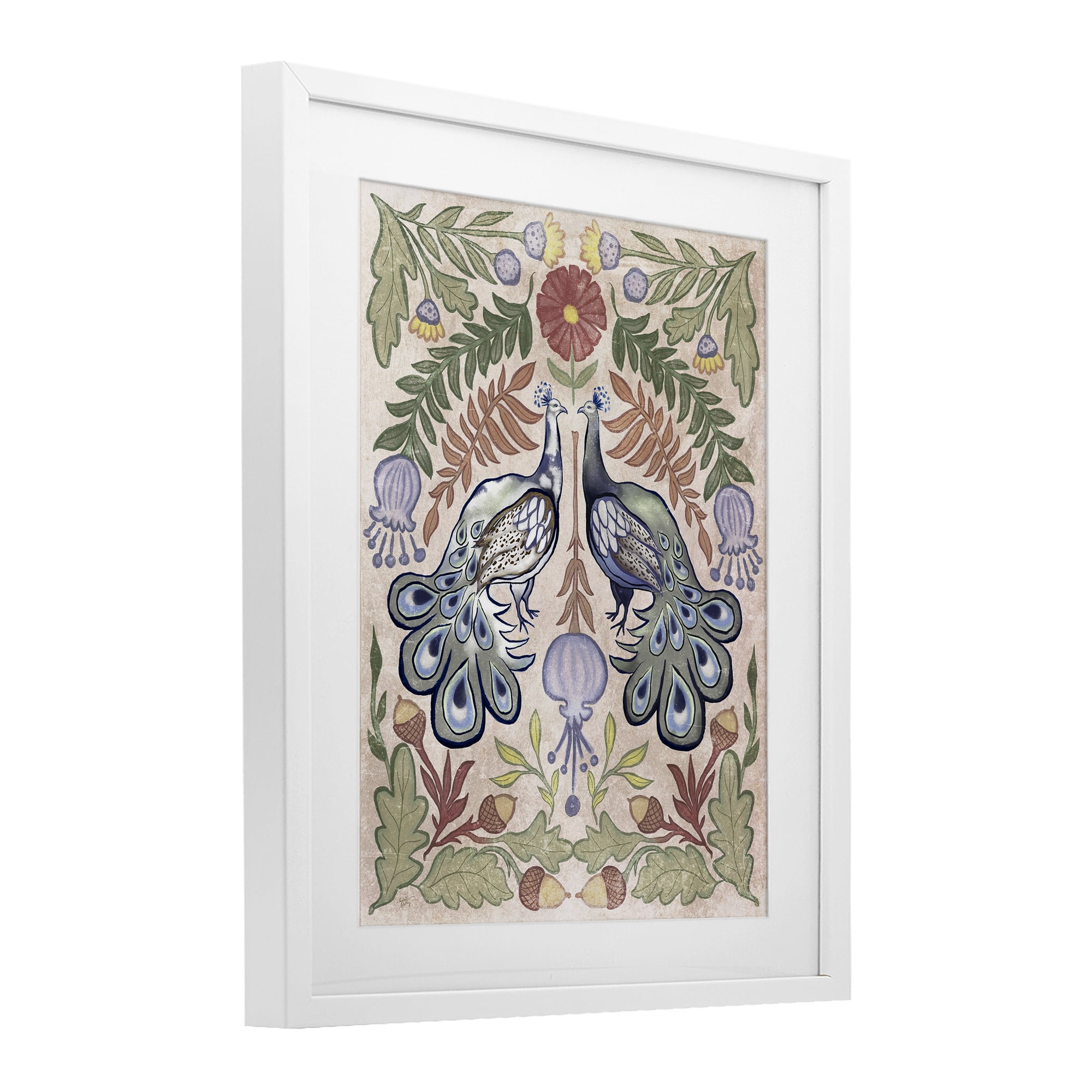 Stupell Industries Symmetrical Peacock & Flower Pattern White Framed Print Under Glass, design by Elizabeth Medley