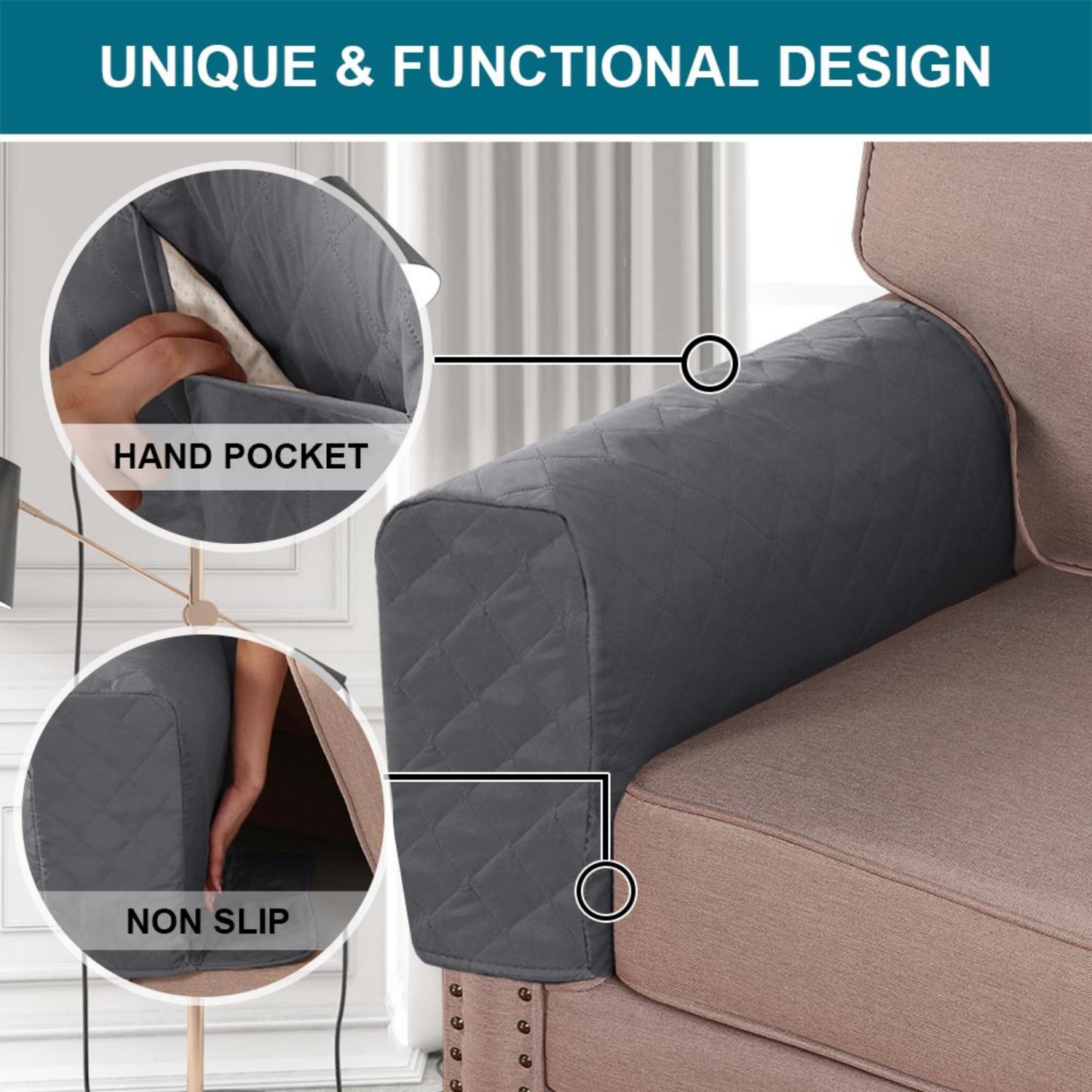 2 Pack Waterproof Armrest Covers Couch for Chairs and Sofas Couch Arm Covers with Side Pocket, Non-Slip Armrest Protectors Washable Armrest Slipcover (Gray)