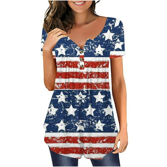 Midsumdr Womens Independence Day Tops American Flag Shirts Sexy V Neck Blouse Patriotic USA Summer Short Sleeve Tees