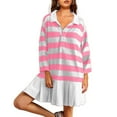 thumbnail image 5 of cfhntfmh Fall Dresses for Women Casual Long Sleeve Buttons V Neck Collared Oversized T-Shirts Dress Striped Pleated Mini Dress, 5 of 7