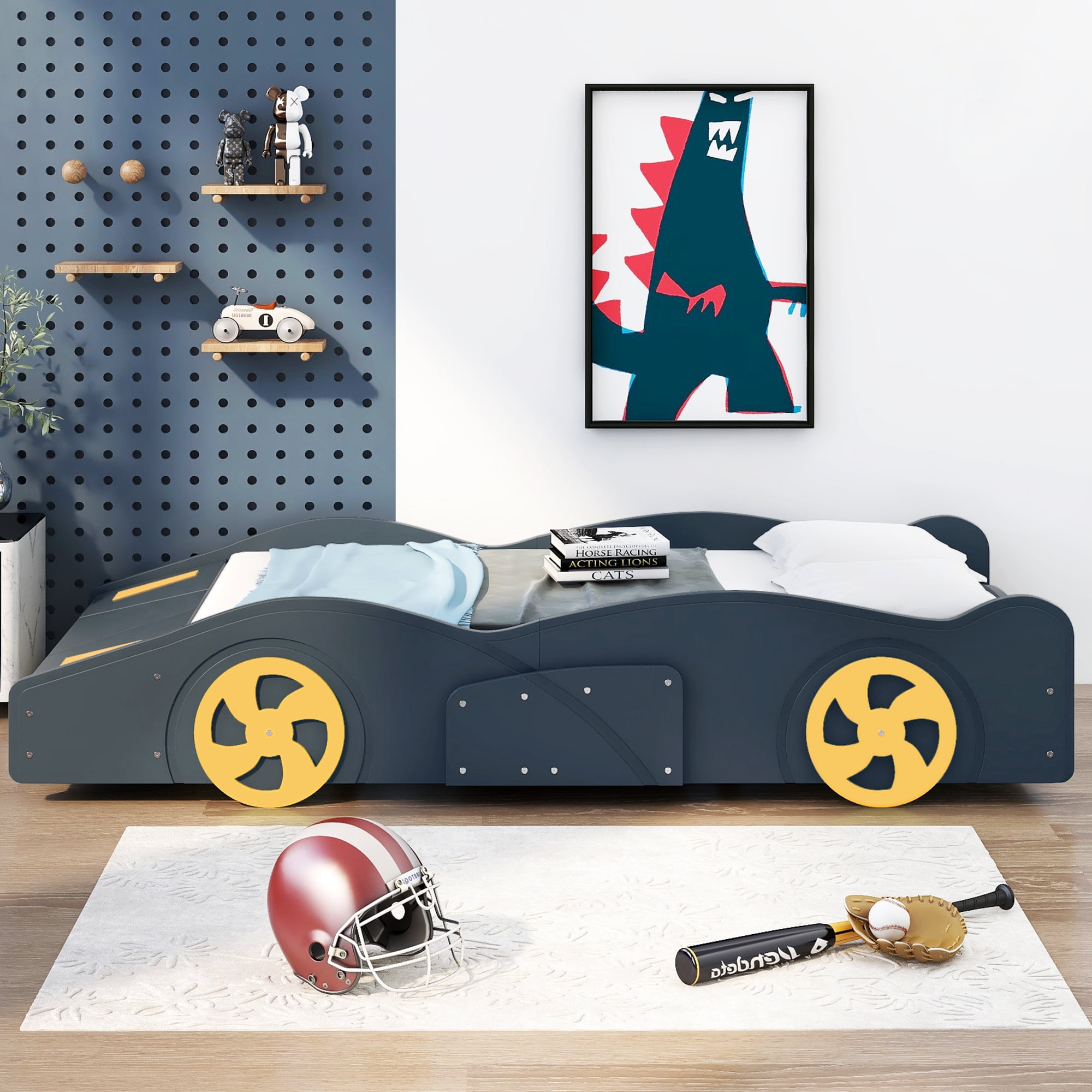 Euroco Car-Shaped Twin Size Platform Bed with Tires and Storage Cabinet for Kids Bedroom, Dark Blue