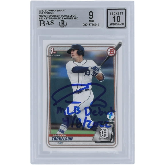 Spencer Torkelson Detroit Tigers Autographed 2020 Bowman Draft 1st Edition #BD-121 Beckett Fanatics Witnessed Authenticated 9/10 Rookie Card with "MLB Debut 4/8/2022" Inscription - Fanatics Authentic