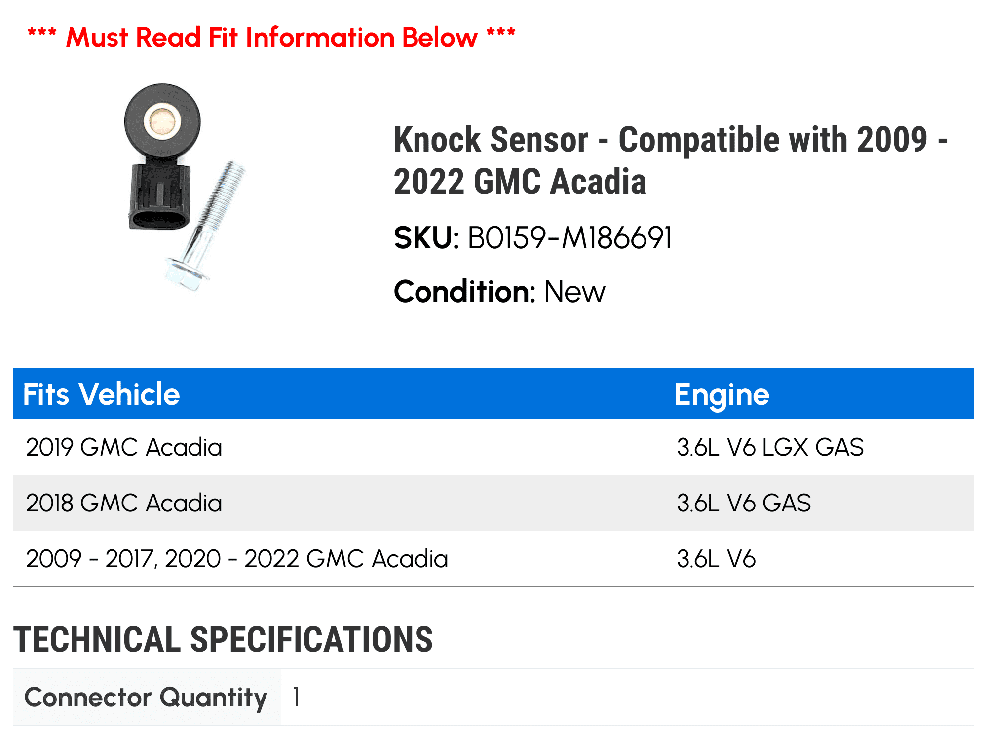 Knock Sensor - Compatible with 2009 - 2022 GMC Acadia - Holstein