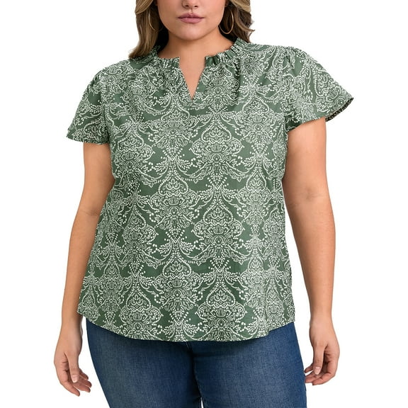 GRACE & GRANDEUR Women's Plus Size Blouses Floral Printed Short Sleeve Blouse Ruffle V Neck Vacation Casual Popover Tops 2X Gray Green