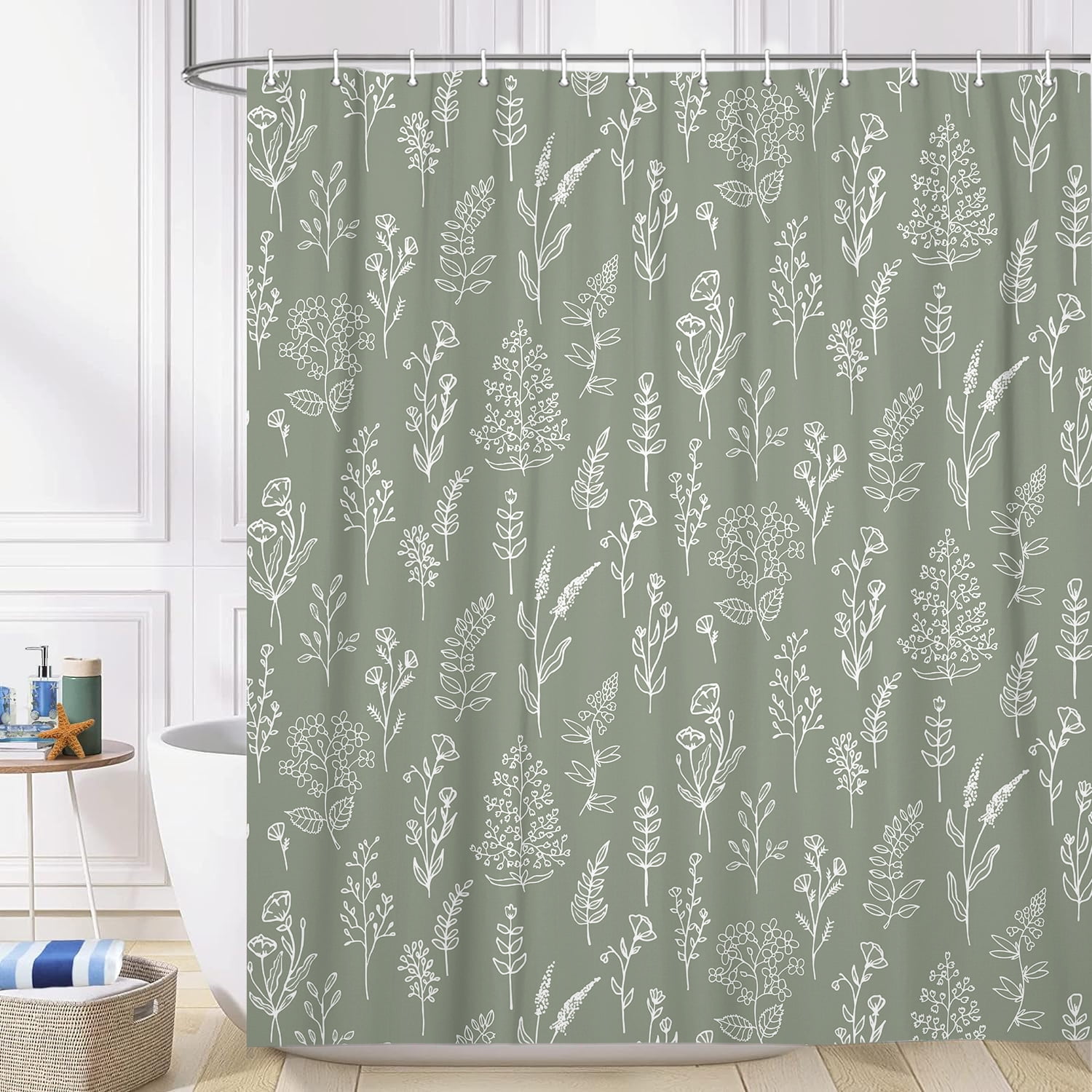 Boho Sage Green Floral Shower Curtain, Cute Spring Dark Green Flower Leaves Fabric Shower Curtains Set for Bathroom Decorative, Plant Botanical Restroom Decor Accessories with Hooks 72X72 Inch