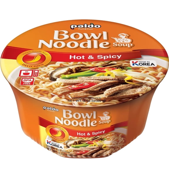 Paldo Bowl Noodle Soup, Hot & Spicy Flavor, Microwavable 3.03 oz Bowls, 12-Count Value Pack