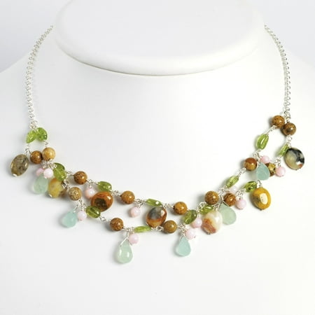 Sterling Silver 16in Green Apple Jade/Jasper/Peridot/Mother of Pearl Necklace