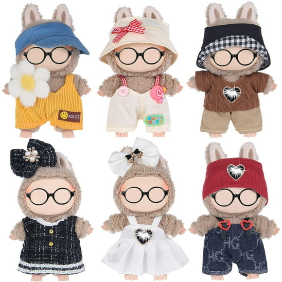 Set de ropa para muñecas de peluche eBuddy, 17 cm, con sombreros y accesorios, 6 unidades