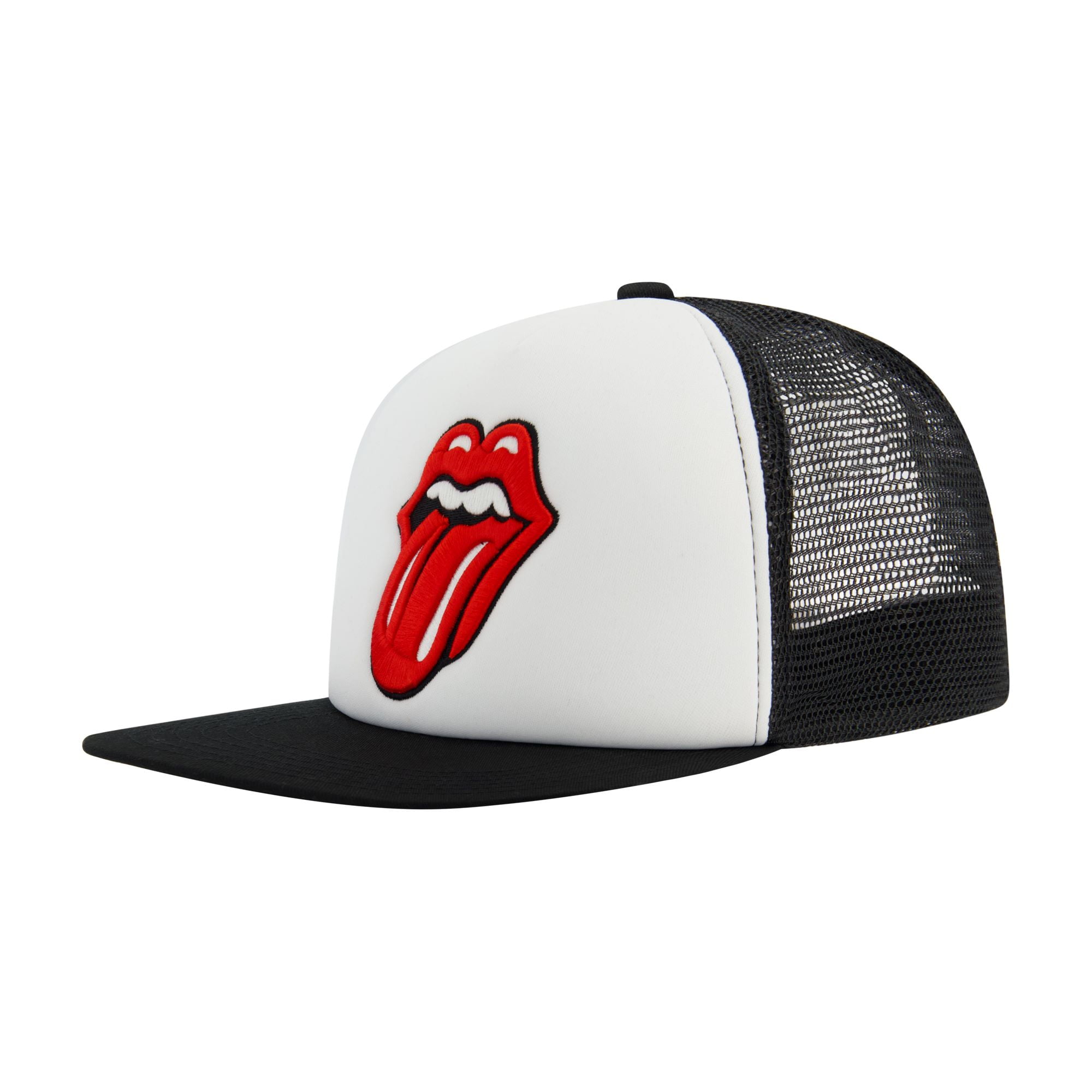 Mens Rolling Stones Trucker-Style Snapback Hat, Classic Logo on White Crown, Black Bill, OSFM