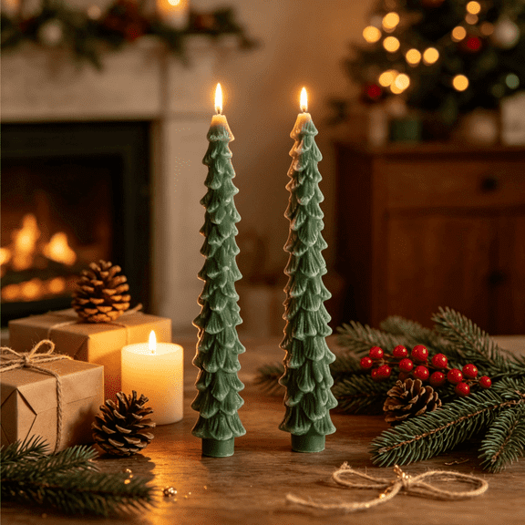 2Pcs Tree Shaped Taper Candles, Unscented Green Christmas Candles, Cone‑Shape Wax Candles for Holiday Table Ambience Decor