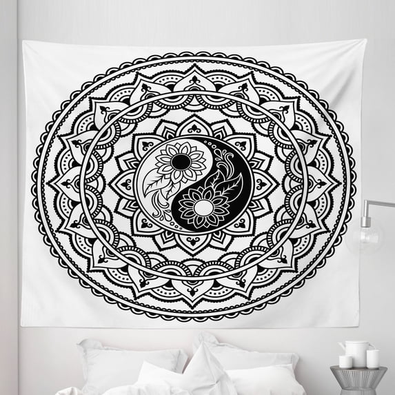 Tribal Tapestry, Ornate with Lace Style Blossom Patterns Inspirational Far Eastern Print, Fabric Wall Hanging Decor for Bedroom Living Room Dorm, 5 Sizes, Black White, by Ambesonne
