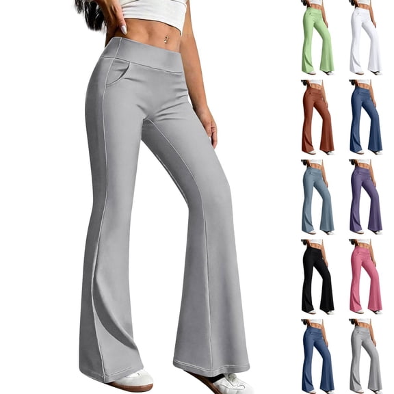 Womens Yoga Pants with Pockets No Front Seam High Waisted Flare Leggings Bell Bottom Yoga Dress Pants Seamless Bootcut Pants Gray S