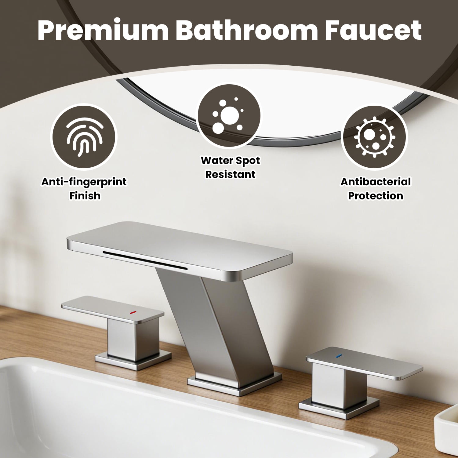Waterfall 8 in. Widespread 2-Handle Bathroom Faucet, Brushed Nickel, 3-Hole Sink Faucet with Pop-Up Drain & Splash-Free Flow