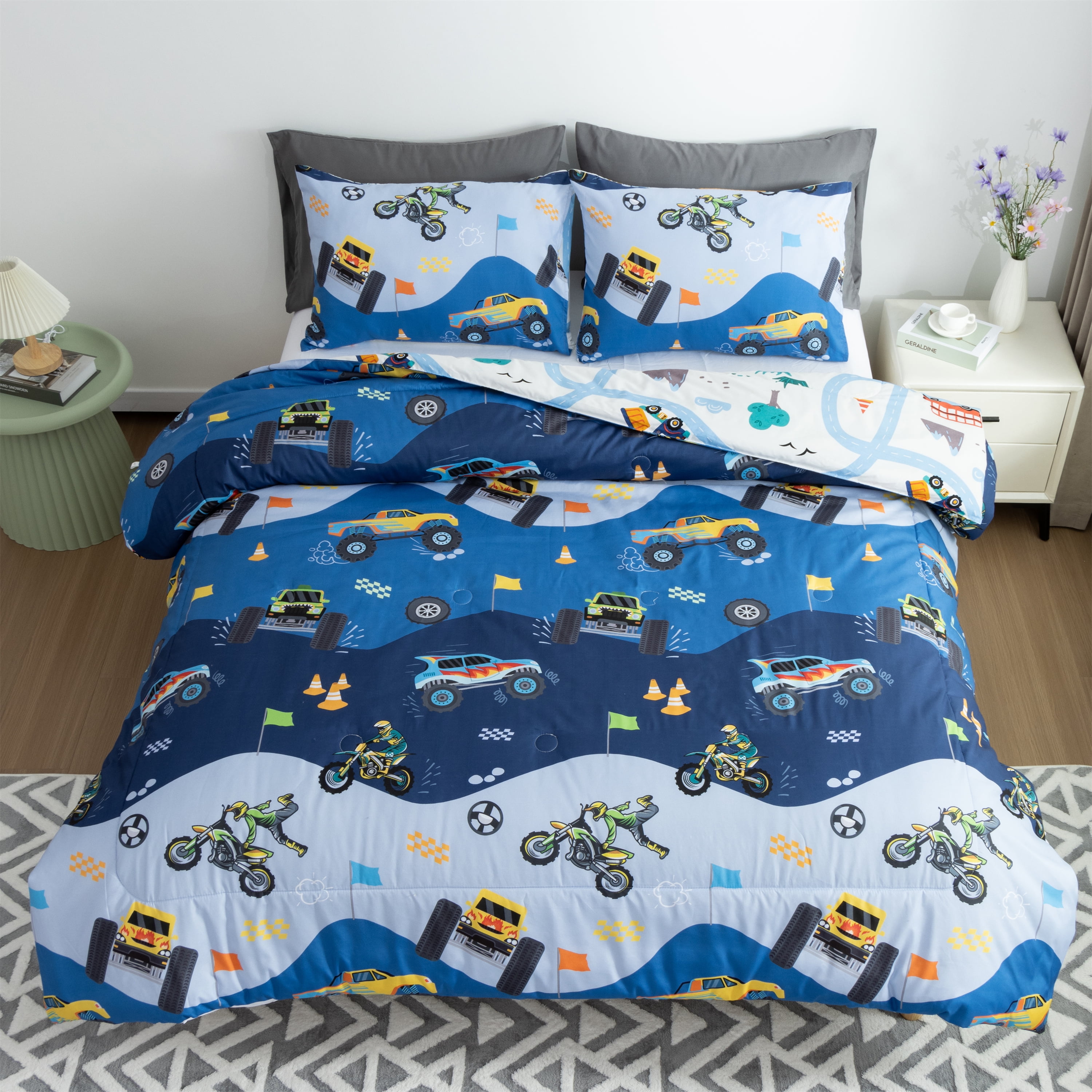 Btargot 3Pcs Reversible Construction Truck Twin Comforter Set for Boys Kids Excavator Vehicle Motorcycle Bedding Set Blue