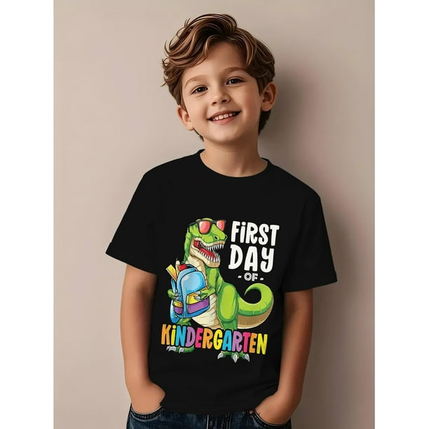 First Day of Kindergarten Dinosaur T-Shirt - Soft and Breathable Crew Neck Short Sleeve, Black with Colorful Letters and Cartoon Dinosaur Design, Perfect for Boys and Girls, Back-to-School outfit