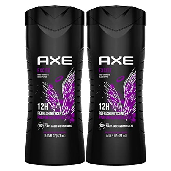 (2 Pack) AXE Body Wash 12h Refreshing Scent Excite Crisp Coconut And Black Pepper with 100% Plant-Based Moisturizers 16 oz