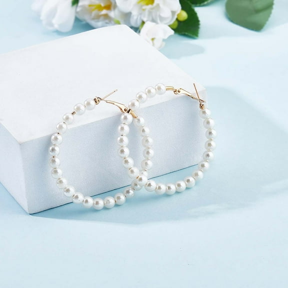 Shell Pearl Beaded Big Hoop Earrings Alloy Jewelry for Women Golden 53.5mm Pin: 0.8mm