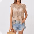 thumbnail image 2 of Women’s Sleeveless Knitted Tassel Hem Top Loose Fit Hollow Out Pullover Summer Casual Crewneck Blouse for Daily Wear Khaki L, 2 of 5