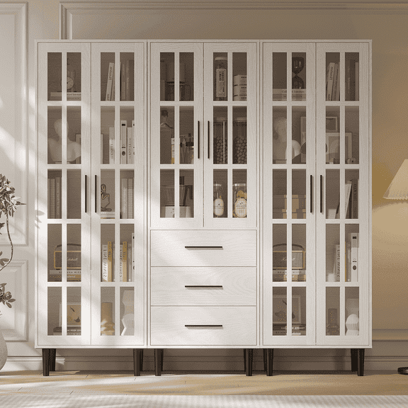 RichYa 3Pcs Bookcases with Doors,5-Tier Bookshelves with Storage Cabinet,Combination Display Cabinets for Home Office Living Room,White(AAB)