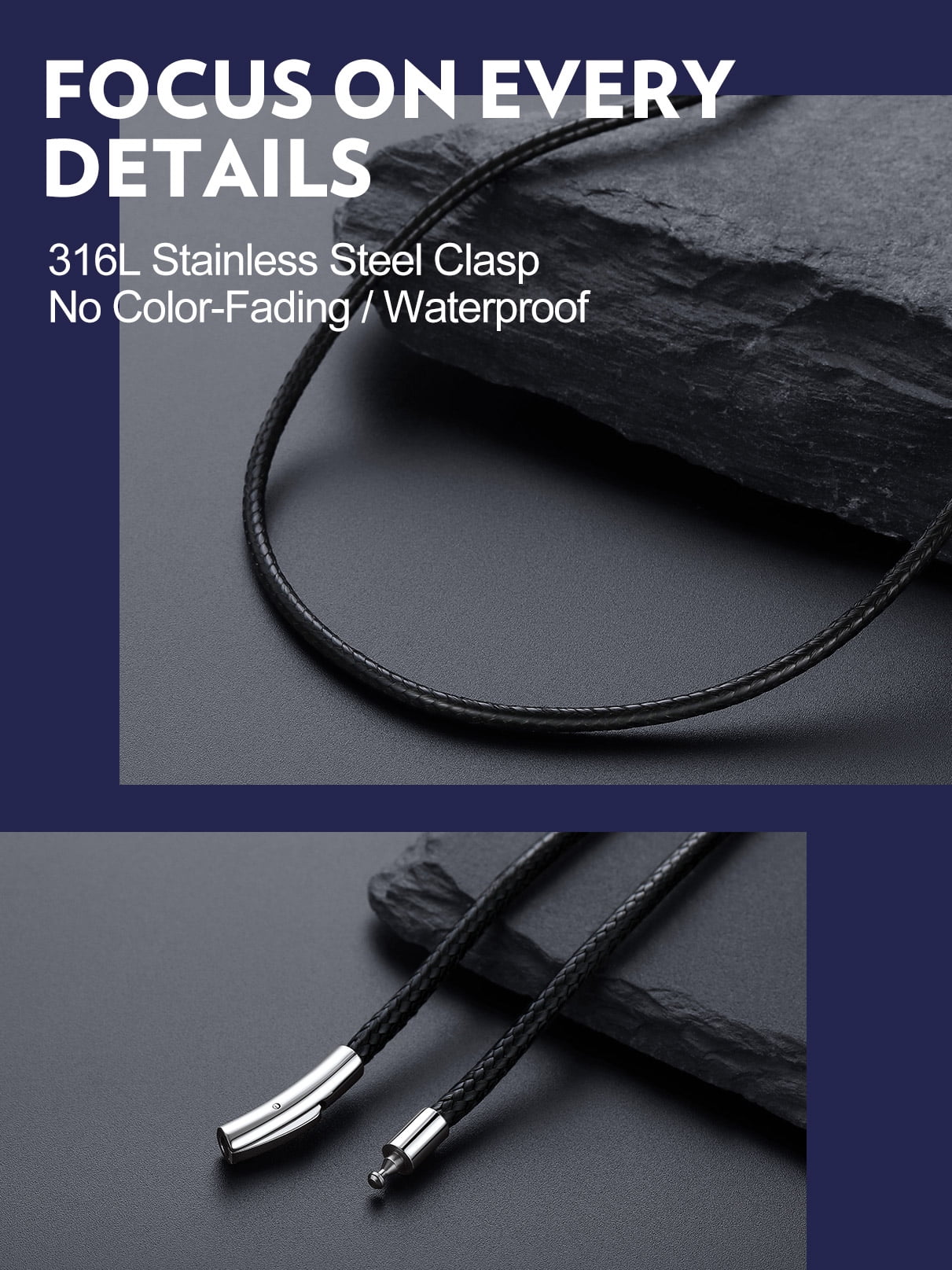 Bandmax 30 inch Braided Wax Rope Chain Necklace for Men Women Snap Clasp 3MM Wide Black Leather Cord Chain for Pendant Gift for Halloween Christmas