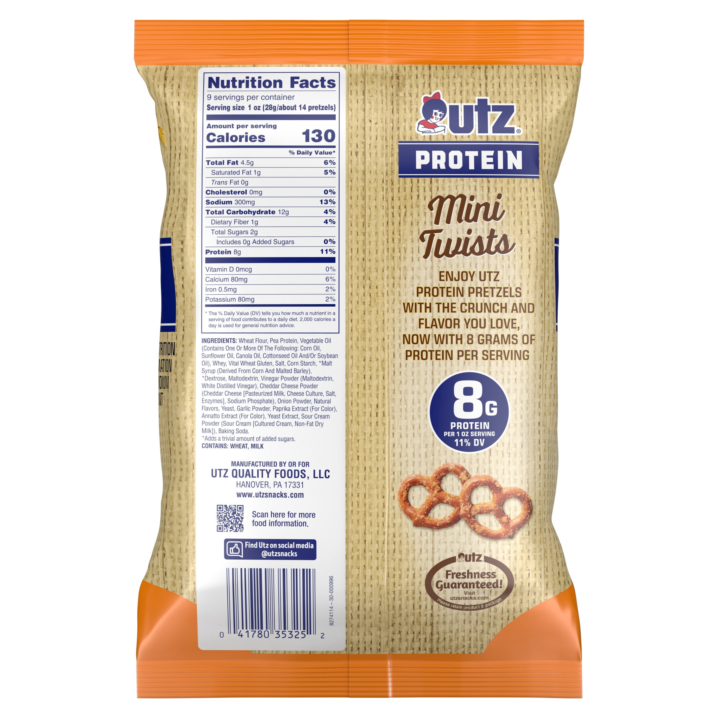Utz Protein Cheddar Mini Twist Pretzels, 9 oz (5 Count)