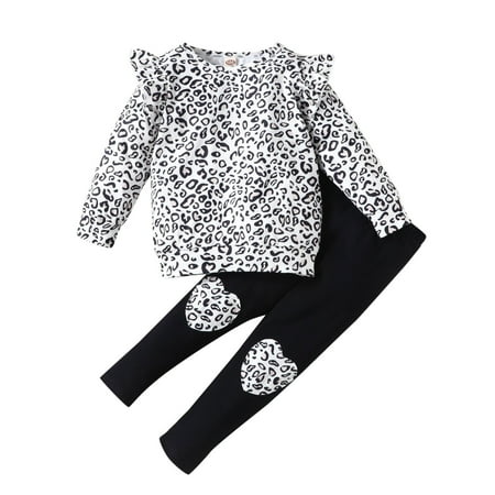 

QYZEU Teen Girl Sweatpants Set Clothes Crop Kids Toddler Child Baby Girls Long Ruffled Sleeve Leopard Print Sweatshirt Blouse Tops Patchwork Pant Trousers Outfits Set 2Pcs Clothes