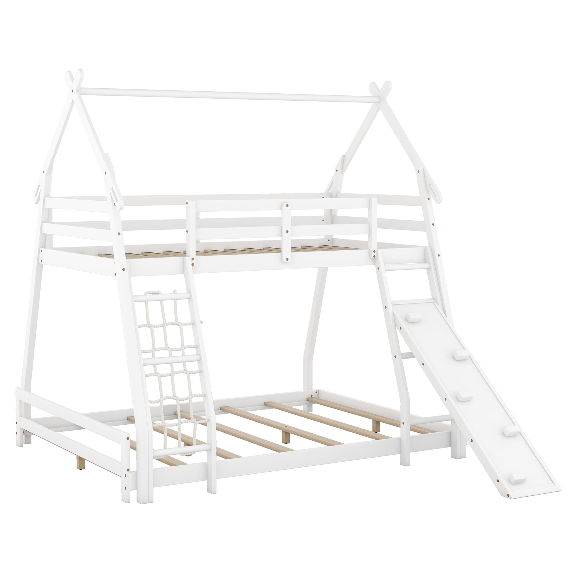 Euroco Twin over Queen Bunk Bed with Climbing Nets and Ramp for Kids Teens Bedroom, White