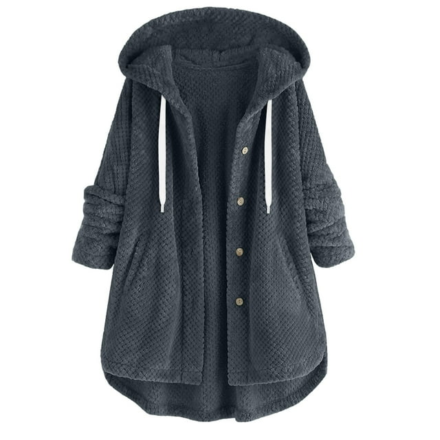 WEIYLL Fleece Jacket Women Solid Color Hooded Long Sleeve Buttons Pockets Cardigan Dark Gray Fall Clothing Size 3XL