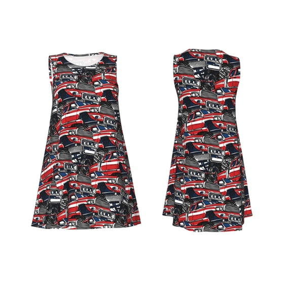 Horeoi Red And Blue Cars Print Women's Sleeveless Dress Cotton-like Flared Hem Deep Side Pockets Above-Knee