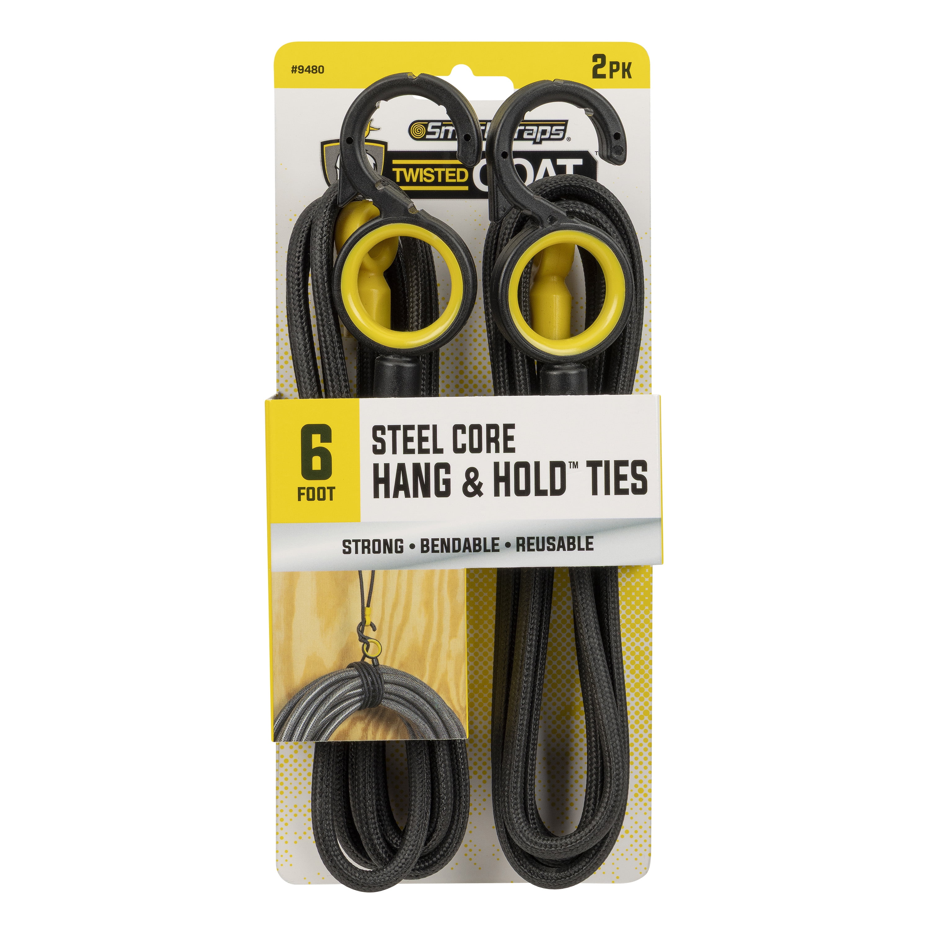 (2 pack) SmartStraps Twisted Goat Hook & Hold Ties, 6 ft, Reusable Bendable Steel with S-Hook, 2-Pack, Yellow