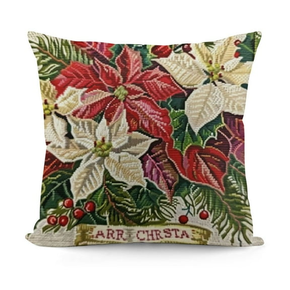 YINGXI Hopyeer Vintage Merry Christmas Flower Throw Pillow Cover Poinsettia Red Mistletoe Xmas Blessing Quote Pinecone Bird Print Home Sofa Xmas Decor Cushion Case(Poinsettia) 12x12in