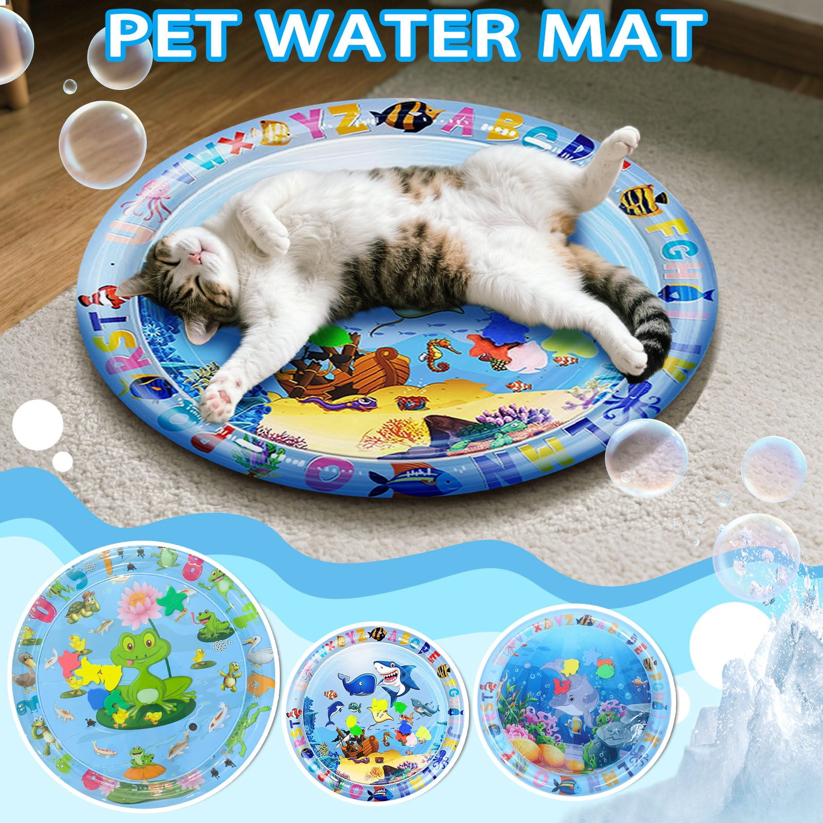 Inflatable Pet Water Mat for Cats and Dogs – Summer Cooling Sensory Water Pad with Floating Toys,Interactive Play Center for Indoor Use