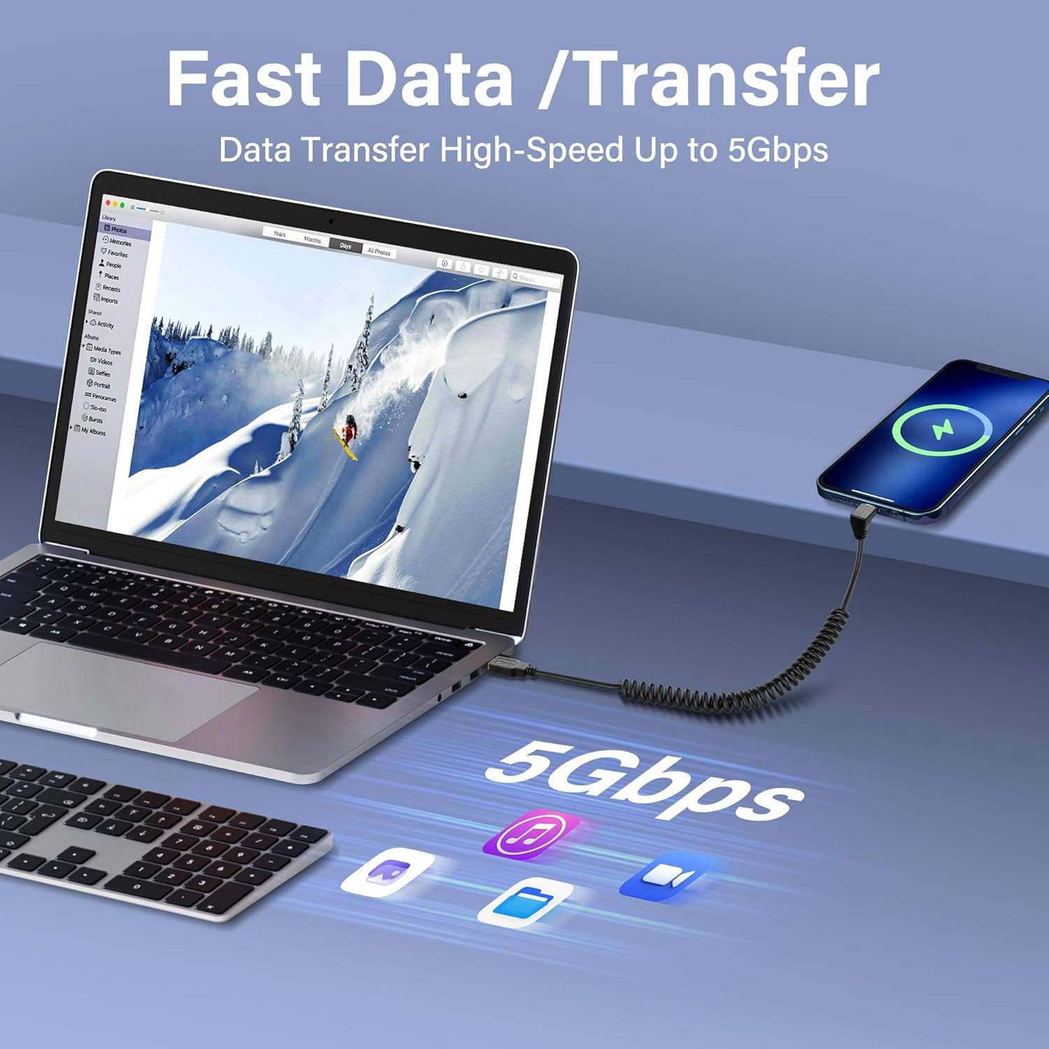RGHJAR-USB Type C Coiled Cable 5Gbps Retractable 90 Degree USB3.0 to USB C Charging Cable and Data Transfer for Phone, Tablet, Other USB C Devices (M to D)