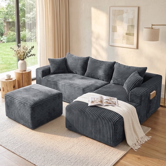 Garaneeds 95" U-Shaped Modular Sectional Sofa, Boneless Couch for Living Room, Extra Deep Seats with Right-Facing Chaise & Ottoman, Corduroy Fabric, No Assembly Required, Grey