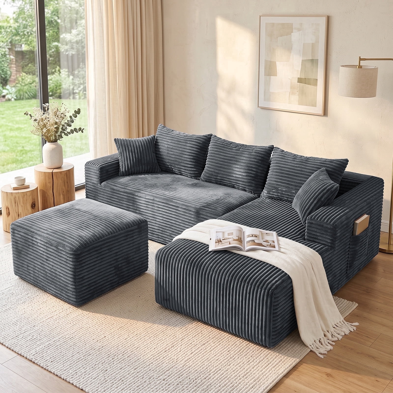 Garaneeds 95" U-Shaped Modular Sectional Sofa, Boneless Couch for Living Room, Extra Deep Seats with Right-Facing Chaise & Ottoman, Corduroy Fabric, No Assembly Required, Grey