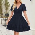thumbnail image 5 of Admvng Dresses for Women Deep V-Neck Short Sleeve Sundresses Pleated Elastic Waist Knee Length Flowy A-line Dresses S-2XL, 5 of 5