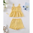 thumbnail image 2 of KIMI BEAR 6 Months Newborn Baby Girl Summer Outfit Set 12 Months Ruffle Sleeveless Off the Shoulder Plaid Top Shorts 2pcs Clothing Yellow, 2 of 9