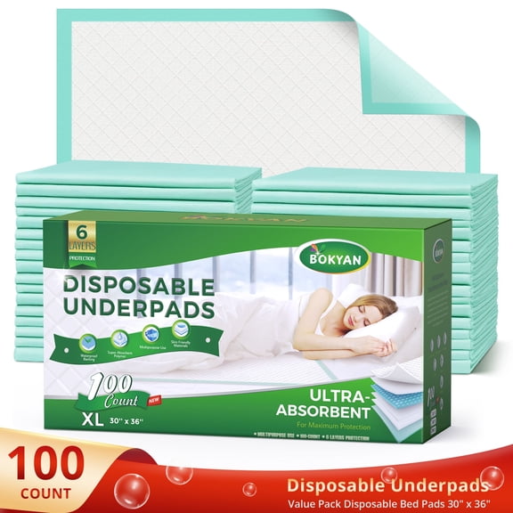 BOKYAN Bed Pads for Incontinence Disposable, 30 x 36 Waterproof Underpads, Maximum Absorbent Unisex Large Chucks Pad, Bed Liners Chux for Adults, Kids and Pets, XL (100 Count)