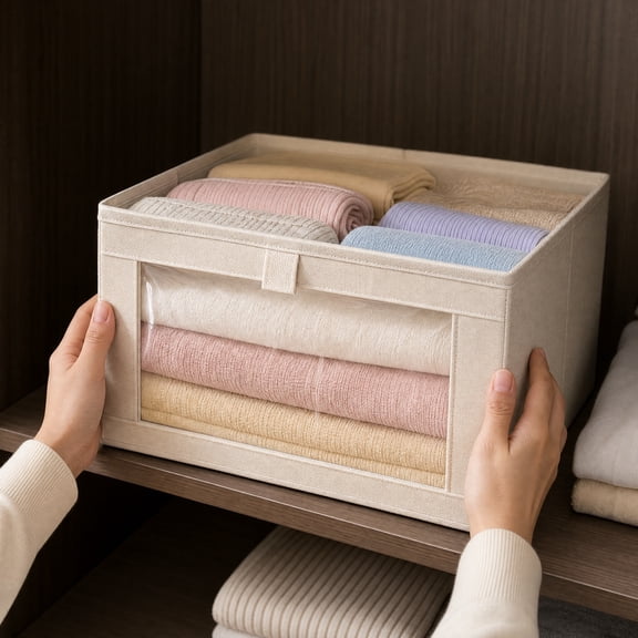 Cotton Linen Storage Box, Foldable Fabric Bin Organizer with Transparent Window, Rectangular Drawer Basket for Wardrobe and Closet, 12x12x8 Inch