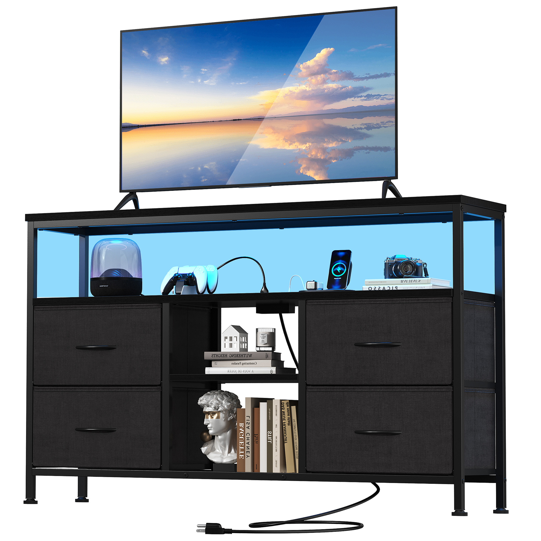 EDX 50" TV Stand with 4 Fabric Drawers, LED Lights, Black