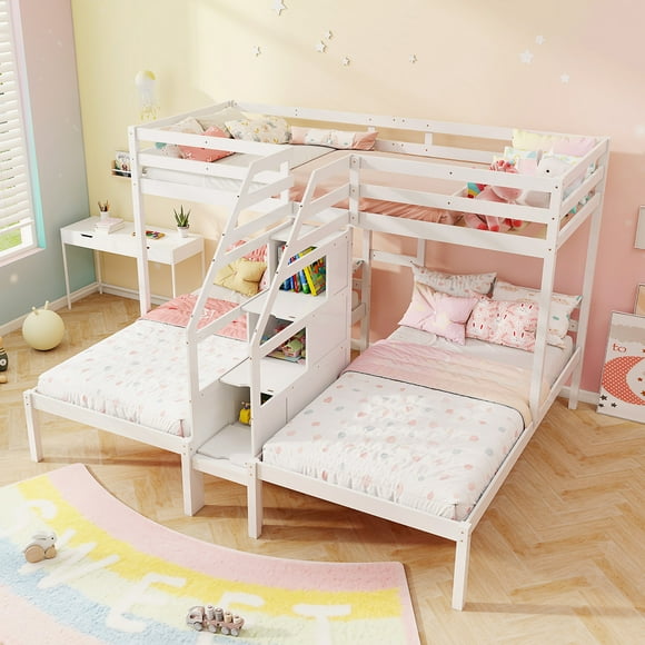Gymax Wooden Twin Over Twin & Twin Bunk Bed w/ 4-Step Storage Staircase Guardrail White