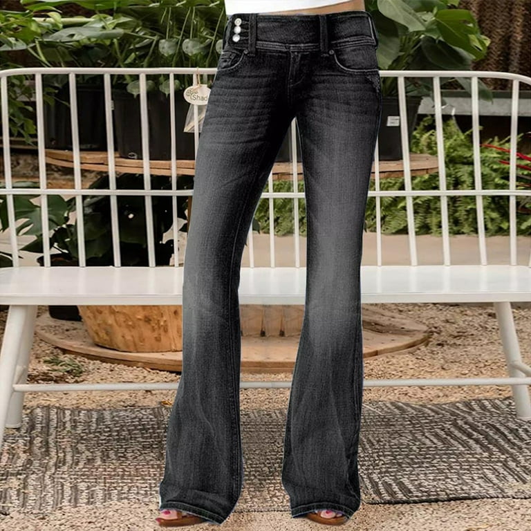 Entyinea Women's Boyfriend Flare Jeans Casual High Rise Distressed Stretch  Denim Pants 